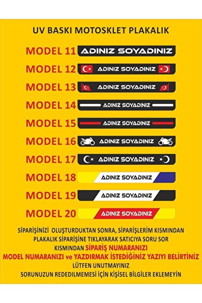 Genel Markalar Motosiklet Plakalık Uyumlu Uv Baskı Kişiye Özel 1 Adet Standart Takmatik Motor Plakalık 15x24