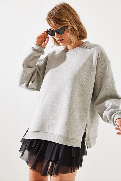 Bianco Lucci Crew Neck Zippered Women's Sweatshirt - Raised Basic Model 60251796
