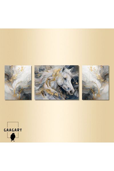 GAAGART 3 Piece Canvas Stylish Living Room Wall Painting Modern Abstract Gray Gold Horse