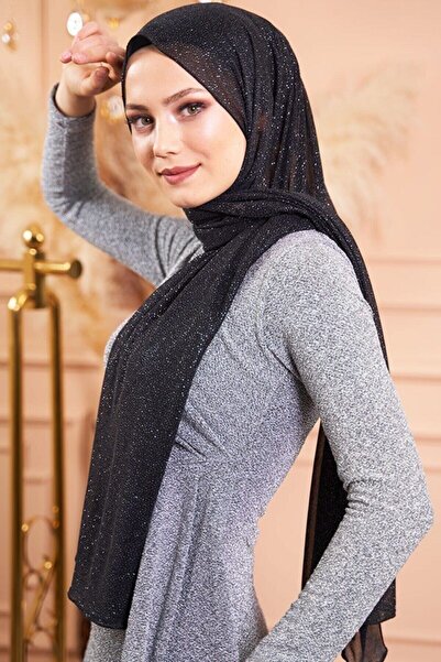 Afilva Kadın Simli Siyah Gümüş Abiye Şal
