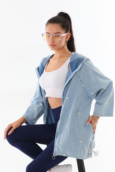 ESB Design Jachetă de damă, albastră, cu broderie florală, cu glugă subțire