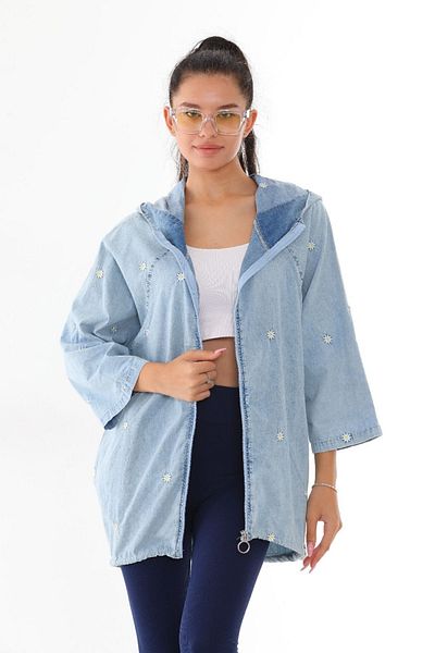 ESB Design Jachetă de damă, albastră, cu broderie florală, cu glugă subțire