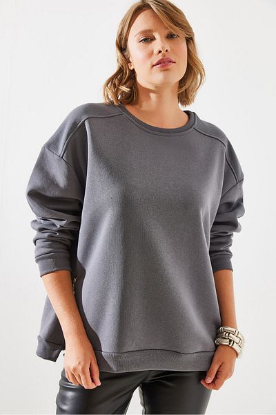 Bianco Lucci Crew Neck Zippered Women's Sweatshirt - Raised Basic Model 60251796