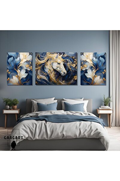 GAAGART 3lü Kanvas Şık Salon Duvar Tablosu Modern Soyut Mavi Gold At