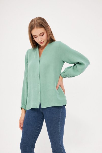 Si&Su Women's Muslin Fabric Sleeve Elastic Shirt