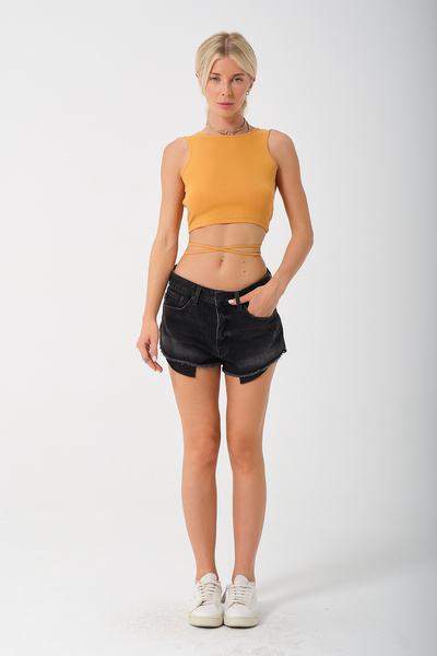 PUNKY CAT Women's Yellow Open Back Cross Tie Crop Top Blouse