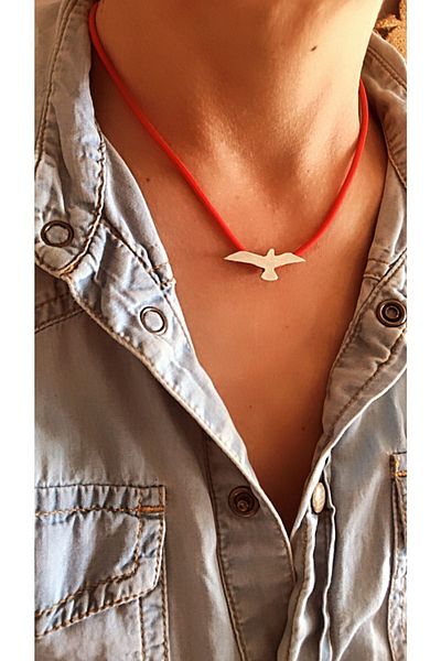by özllem Red Karaton Thread Antique Silver Seagull Necklace