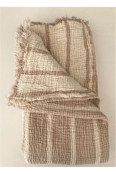 YASEMİNİNEVİ Single Muslin Bedspread - Striped Mink Pique Set (1 Pillow Case)