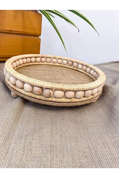 MAJESTE TASARIM Wooden Beaded Wicker 25 Cm Natural Raffia Tray, Decorative Tray, Decorative Tray for Bathroom, Home, Table
