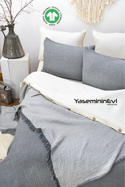 YASEMİNİNEVİ Light Gray Single Bedspread - Muslin/Anthracite Pique Set (1 Pillow Case)