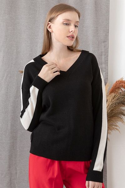 AQE FASHION Pulover negru pentru damă, cu mânecă cu mâneci și dungi