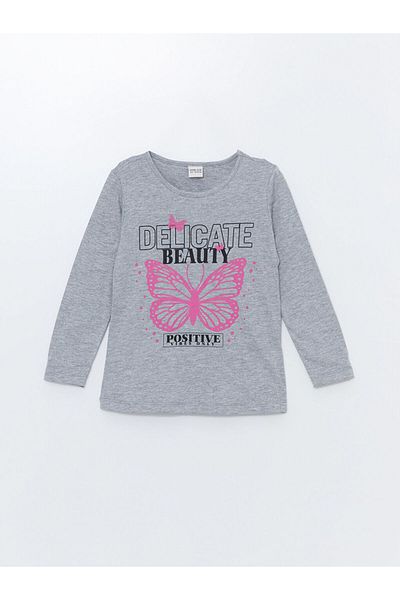LC Waikiki Long Sleeve Printed Girl's T-Shirt - Crew Neck