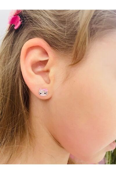 1PARÇAMAVİ Gümüş Kaplama Çivili Mini Hello Kitty Çocuk Küpe