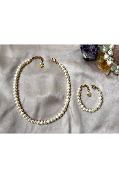 ŞİFA SHOP Gerçek Inci Doğal Kültür Incisi Kolye Bileklik Set Takım 9-10 Mm Iri Boy