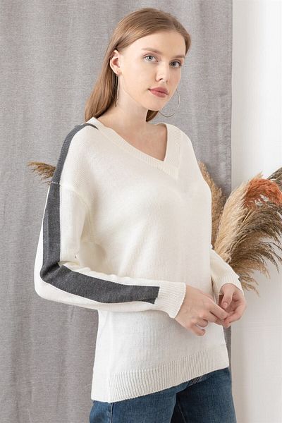 AQE FASHION Pulover alb pentru damă, cu mânecă în dungi, cu gâtul turnat