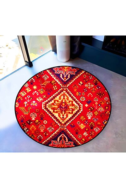 Rugs Modern Halı Red Themed Ethnic Motif Traditional Patterned Round Woven Ba...