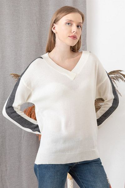 AQE FASHION Pulover alb pentru damă, cu mânecă în dungi, cu gâtul turnat