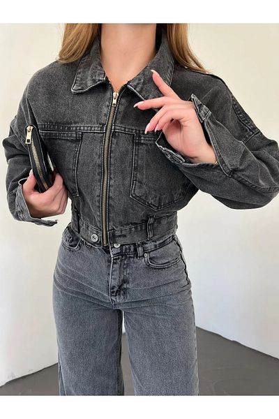 DENİKK Femei - Jachetă de blugi crop cu buzunar dublu, denim, cu buzunar dublu