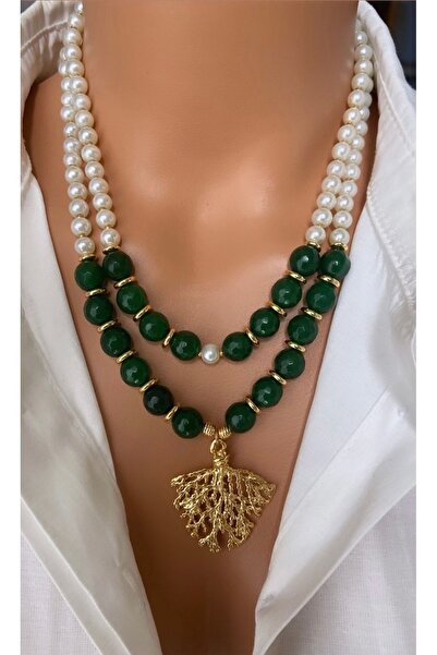 TARZ-I TAKI Doğal Taş Yeşil Kuvars 10 Mm & Cam Inci Altın Kaplama Ağaç Tasarı...