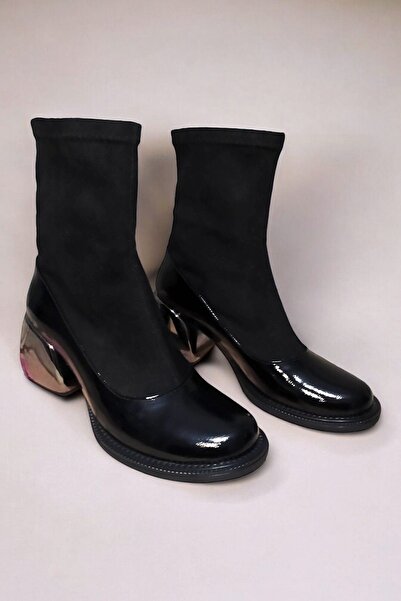 ERS Air Comfort Kadın Siyah Rugan Hakiki Deri Konç Kısmı Süet Streç Topuklu Bot K.168.035