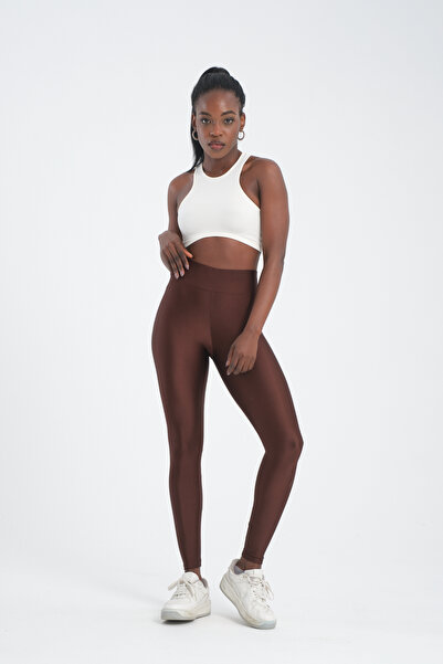 MRS.MODA Γυναικείο Καφέ Γυαλιστερό Ντίσκο Καλσόν με ψηλή μέση