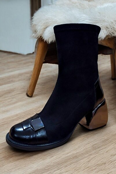 ERS Air Comfort Kadın Siyah Rugan Hakiki Deri Konç Kısmı Süet Streç Topuklu B...