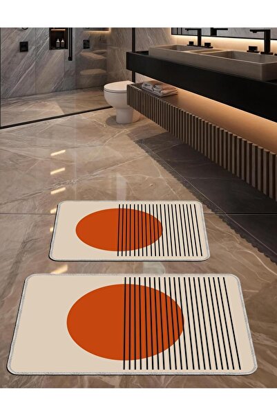 Artızon سجادة حمام عصرية مزخرفة باللون البرتقالي - قاعدة مضادة للانزلاق، مجموعة قابلة للغسل 50x60-60x90 سم
