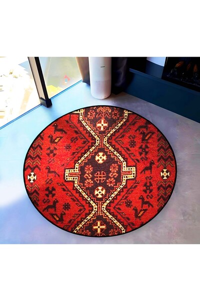 Rugs Modern Halı Burgundy Themed Ethnic Motif Traditional Patterned Round Wov...