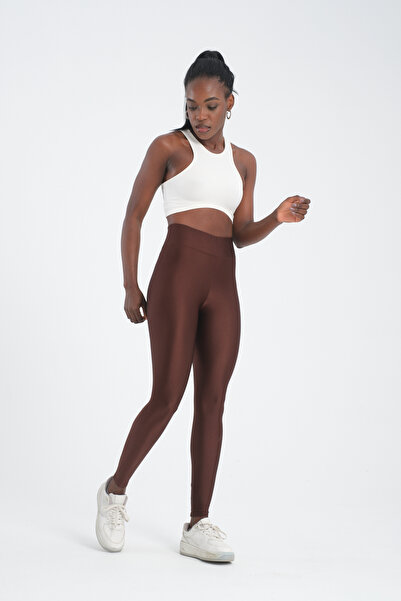 MRS.MODA Γυναικείο Καφέ Γυαλιστερό Ντίσκο Καλσόν με ψηλή μέση