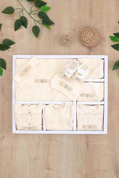 Sitilin Beige Lace Luxury Baby Girl Discharge Set - 10-Piece Natural Cotton Hospital Stl6740