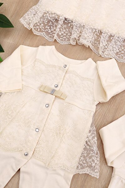 Sitilin Beige Lace Luxury Baby Girl Discharge Set - 10-Piece Natural Cotton Hospital Stl6740