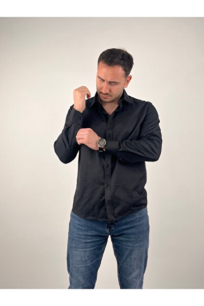 Mad&Calf Men's Slim Fit Cut Buttoned Collar Long Sleeve Gabardine Shirt