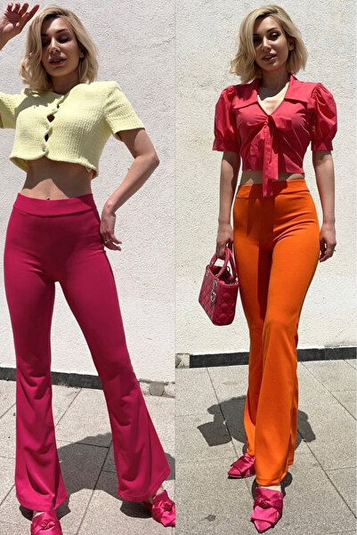 KaSheHa Fuşya Ve Turuncu 2'li Paket Ispanyol Paça Pantolon 100 Cm