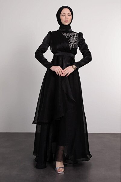 Lamia Giyim Leaf Pattern Stone Embroidery Hijab Evening Dress Black