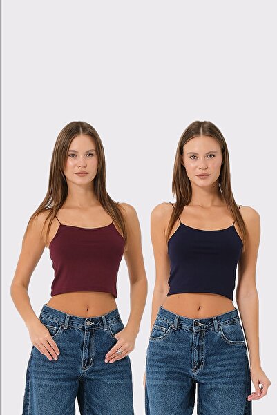 ŞİNDO GİYİM İp Askılı Astarlı Crop Büstiyer Bluz  Lacivert ve Açık Mor İkili Set