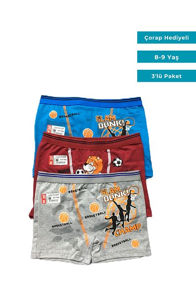 ÖREN YILDIZ Boy's Lycra Combed Cotton Boxer 8-9 Years 3-Piece Socks with Gift
