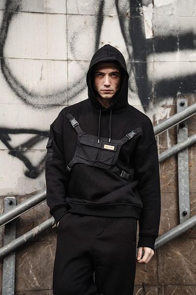 HYPERS Black Oversize Hooded Sweatshirt Jogger Set with Bag Pocket