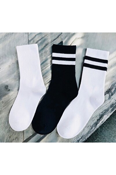 Çorabistaan 3 Çift Siyah Beyaz Düz Çemberli Unisex Tenis Kolej Spor Çorap Pam...
