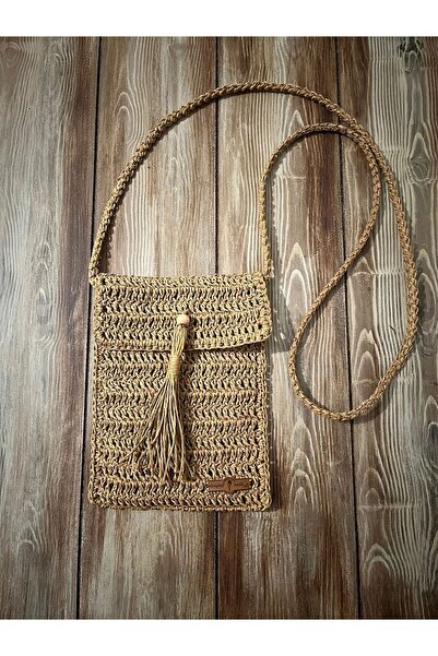 Bright3 Kahve Telefon Çantası Kağıt İp El Örgüsü, Çıtçıtlı, Püskül ve Tahta B...