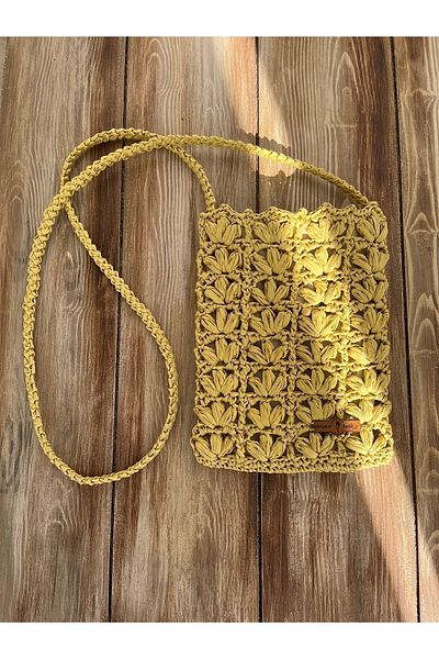 Bright3 Straw Lined and Paper Raffia Rope Knitted Mustard Pistachio Phone Bag