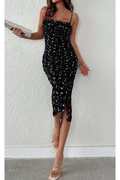Night Butik Siyah Göğüs Büzgülü Çiçek Desenelbise