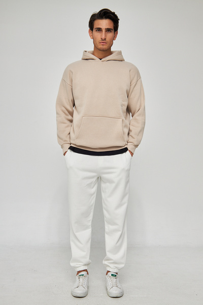 MRS CLOTHING Men's Beige Unisex Plain Hooded Collar Cotton Pocket Detailed Sw...