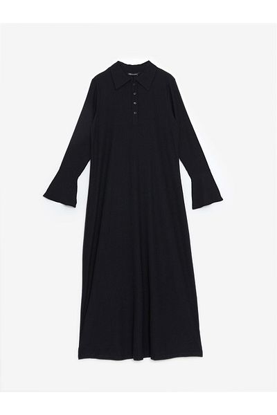 LC Waikiki LCW Modest Schwarzes Raschel-Damenkleid mit Hemdkragen