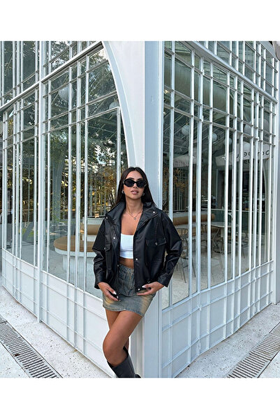 Ekim Store سترة جلدية سوداء - جيوب مزدوجة