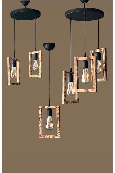 ONUR AVİZE Black Retro Wood Antique - Single, Double and Triple Pendant Lamp Set