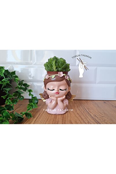 TARÇIN TASARIM أصيص زهور فتاة الملاك - صناعة يدوية مزخرفة، عصاري وردي/صبار، أ...