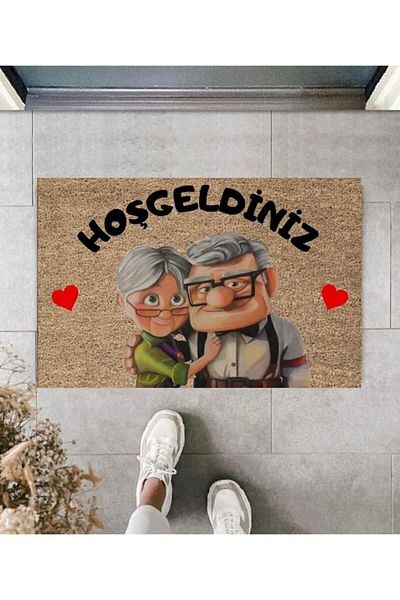 Pazarova Decorative Digital Printing Coffee Elderly Couple Themed Doormat