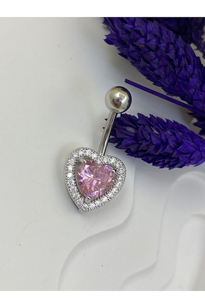 Arescollection CERRAHİ STEEL SILVER COLOR ZIRCON STONE HEART BELLY PİERCİ