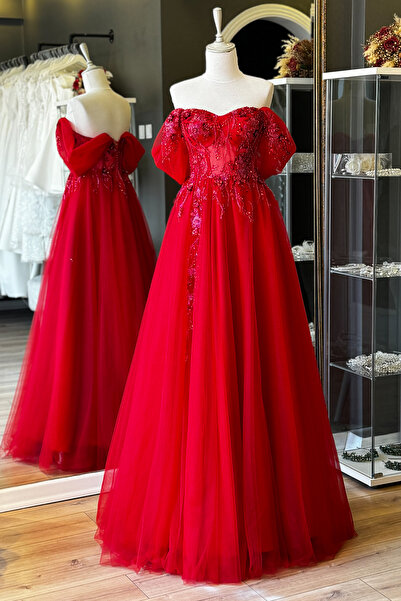 Lenta Moda Piros virágmintás - csipkeborítású tüll estélyi ruha és eljegyzési ruha