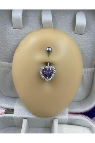 Arescollection CERRAHİ STEEL SILVER COLOR ZIRCON STONE HEART BELLY PİERCİ
